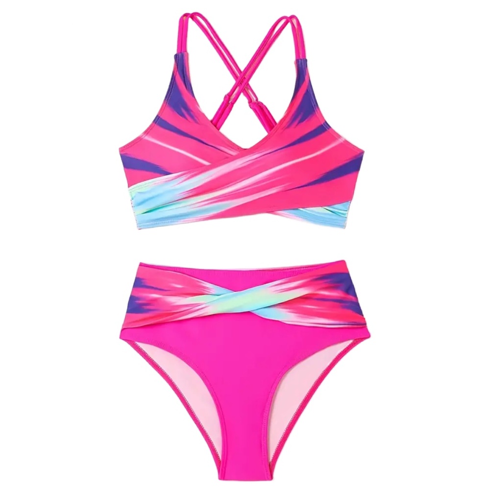 Gradient 2 Piece Bikini Swimsuit Criss-Cross Strap Neon Pink New